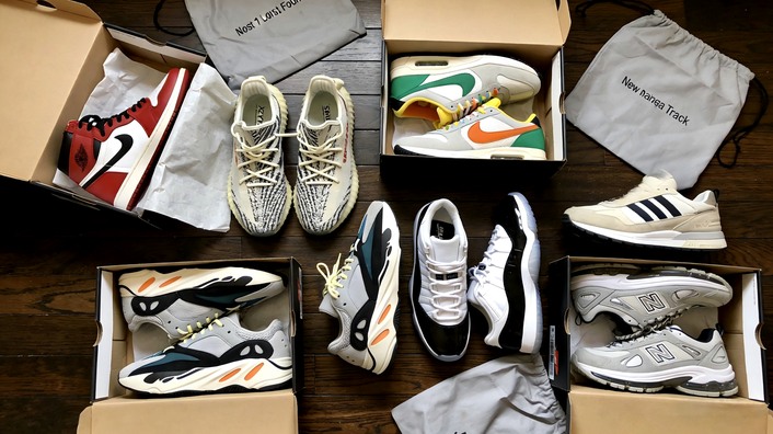 Rep spreadsheet haul unboxing — multiple Jordan, Yeezy, Nike, New Balance in boxes — community verified purchase April 2026